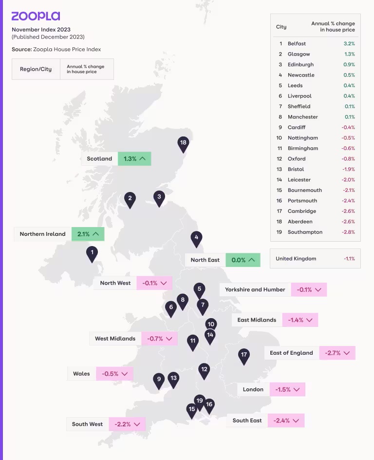 2023年12月英国房价下跌区域分布图